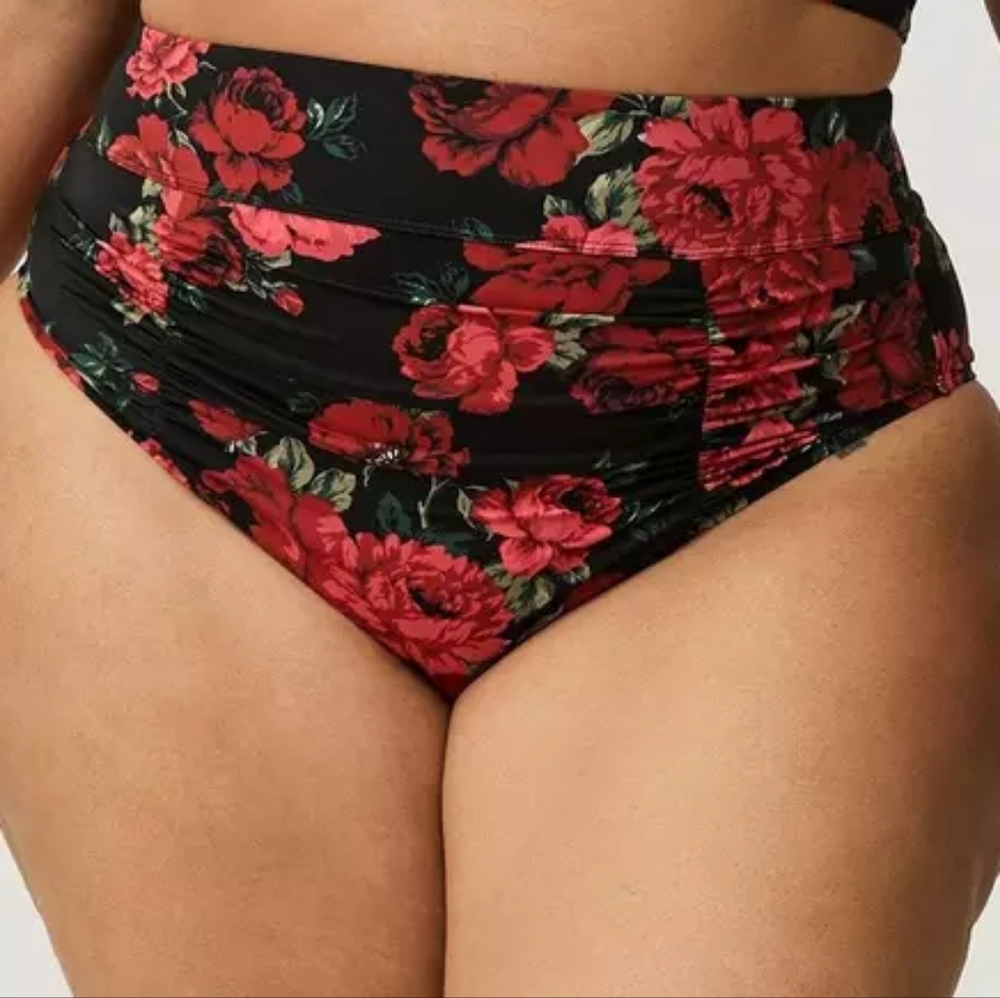 Torrid High-Waist High Leg Cheeky Swim Bottom Neon Traditional Roses 2X NWT